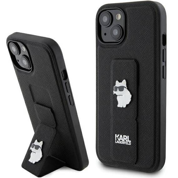 Original Case APPLE IPHONE 15 Karl Lagerfeld Hardcase Gripstand Saffiano Choupette Pins (KLHCP15SGSACHPK) black