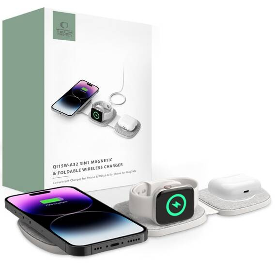 Ładowarka Indukcyjna Magnetyczna MagSafe 15W 3w1 iPhone + Apple Watch + AirPods Tech-Protect QI15W-A32 szara