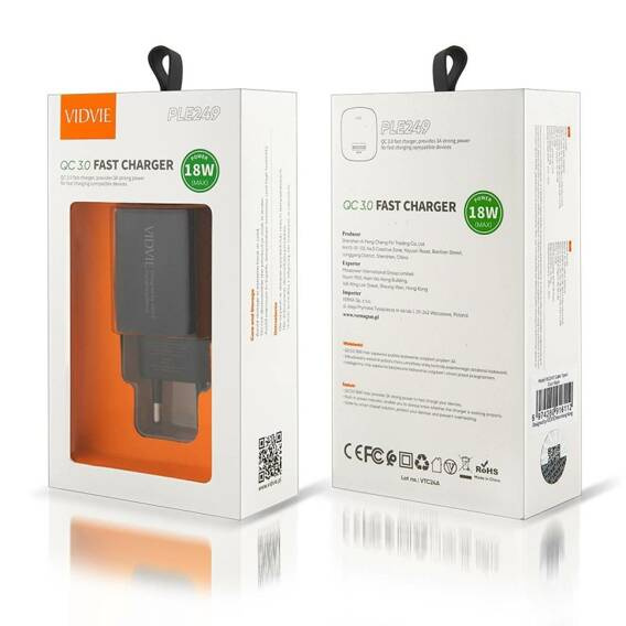 VIDVIE PLE249 mains charger 1xUSB + Type C cable 3A 18W QC 3.0 black