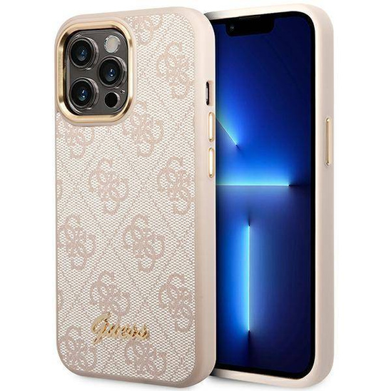 Oryginalne Etui IPHONE 14 PRO Guess Hard Case 4G Vintage Gold Logo (GUHCP14LHG4SHP) różowe