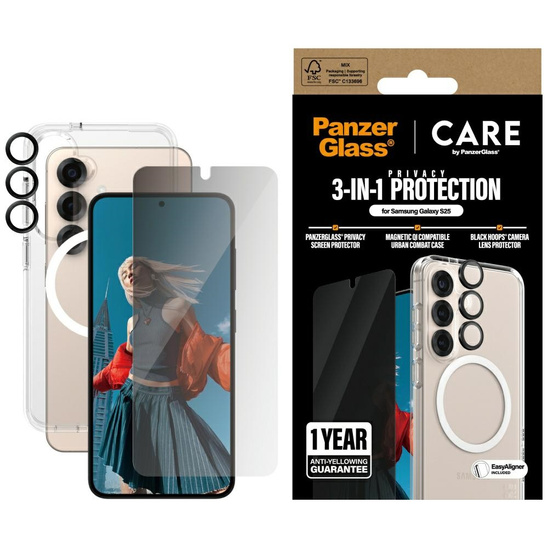 Zestaw 3w1 SAMSUNG GALAXY S25 Etui + Szkło Prywatyzujące + Osłona obiektywu CARE by PanzerGlass Flagship transparentne