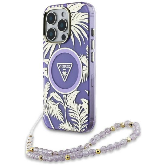 Original Case IPHONE 16 PRO MAX Guess Palm Trees Triangle Pearl Strap MagSafe purple