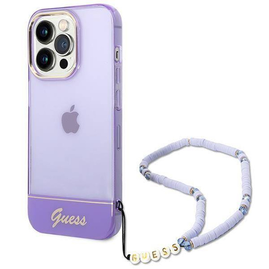 Oryginalne Etui IPHONE 14 PRO Guess Hardcase Translucent Pearl Strap fioletowe