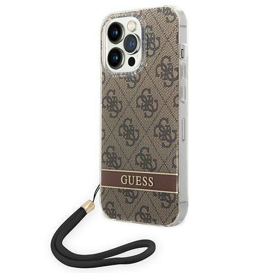 Oryginalne Etui IPHONE 14 PRO MAX Guess Hardcase 4G Print Strap (GUOHCP14XH4STW) brązowe