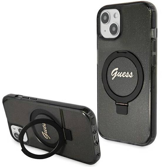 Guess GUHMP13MHRSGSK iPhone 13 / 14 / 15 6.1" black/black hardcase Ring Stand Script Glitter MagSafe