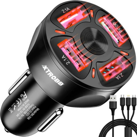 Ładowarka Samochodowa QC3.0 4x USB + Kabel USB - micro USB + Lightning + USB-C XTROBB 19907 czarne