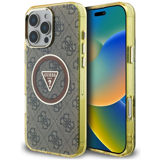 Oryginalne Etui IPHONE 16 PRO Guess IML Metal Glitter 4G Circle Triangle MagSafe brązowe