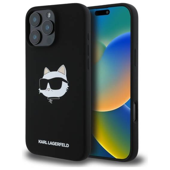 Original Case IPHONE 16 PRO Karl Lagerfeld Hardcase Silicone Choupette Head Print MagSafe (KLHMP16LSCHPPLK) black