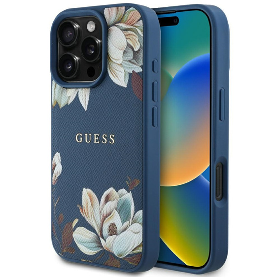 Etui IPHONE 16 PRO Guess Grained Printed Flower Pattern MagSafe niebieskie