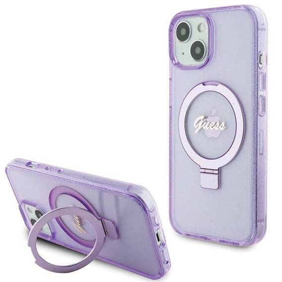 Oryginalne Etui APPLE IPHONE 15 PLUS Guess Hardcase Ring Stand Script Glitter MagSafe (GUHMP15MHRSGSU) fioletowe