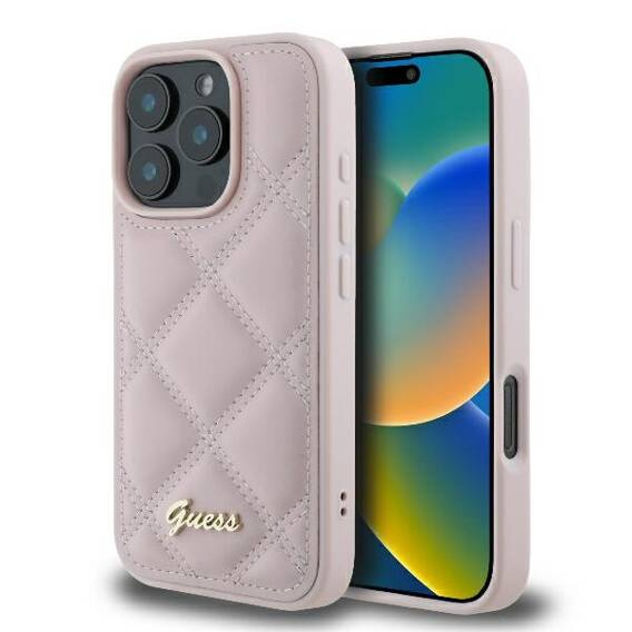 Oryginalne Etui IPHONE 16 PRO Guess Hardcase Quilted Metal Logo (GUHCP16LPSQSQSP) różowe