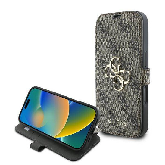 Oryginalne Etui IPHONE 16 PRO Guess Book 4G Metal Logo (GUBKP16L4GMGBR) brązowe