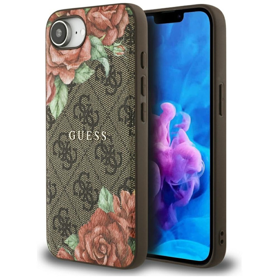 Oryginalne Etui IPHONE 16E Guess Hardcase 4G Flowers Print MagSafe brązowe