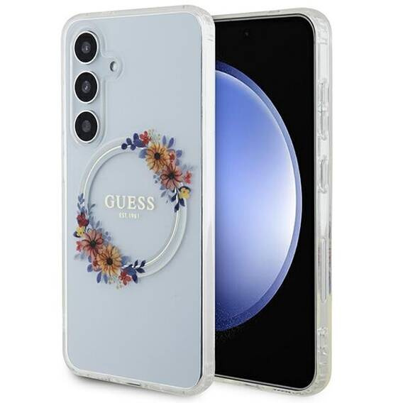 Oryginalne Etui SAMSUNG GALAXY S24 Guess Hardcase IML Flowers Wreath MagSafe (GUHMS24SHFWFCT) transparentne