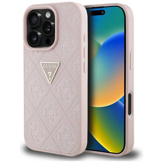 Case IPHONE 16 PRO Guess Hot Stamp 4G Pattern Triangle Metal Logo pink