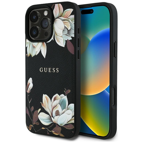 Etui IPHONE 16 PRO MAX Guess Grained Printed Flower Pattern MagSafe czarne