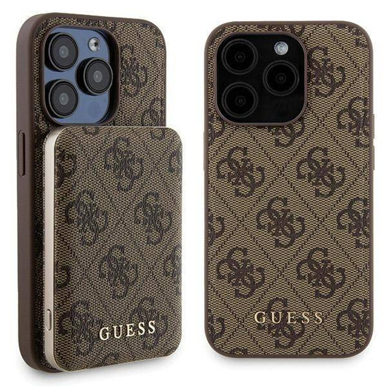 Original Case APPLE IPHONE 15 PRO Guess Hardcase + Powerbank MagSafe 4G Metal Logo 5000mAh (GUBPM5P15L4GEMGW) brown