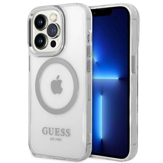 Original Case IPHONE 14 PRO Guess Hard Case Metal Outline Magsafe (GUHMP14LHTRMS) silver