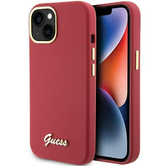Oryginalne Etui APPLE IPHONE 15 Guess Hardcase Silicone Script Metal Logo & Frame (GUHCP15SSMBSLM) czerwone