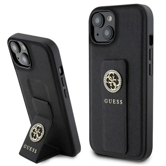 Original Case APPLE IPHONE 15 Guess Hardcase Grip Stand 4G Saffiano Strass (GUHCP15SPGSSADK) black