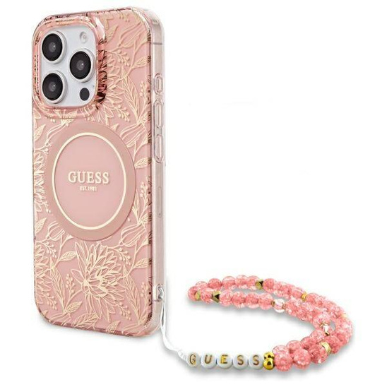 Oryginalne Etui IPHONE 16 PRO Guess Hardcase IML Flowers Allover Electro With Pearl Strap MagSafe różowe