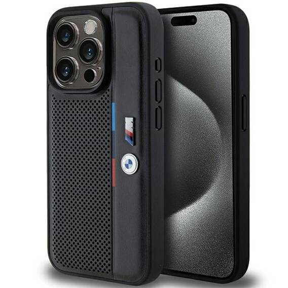 Original Case APPLE IPHONE 15 PRO BMW Hardcase Perforated Tricolor Line (BMHCP15L23PUPVK) black