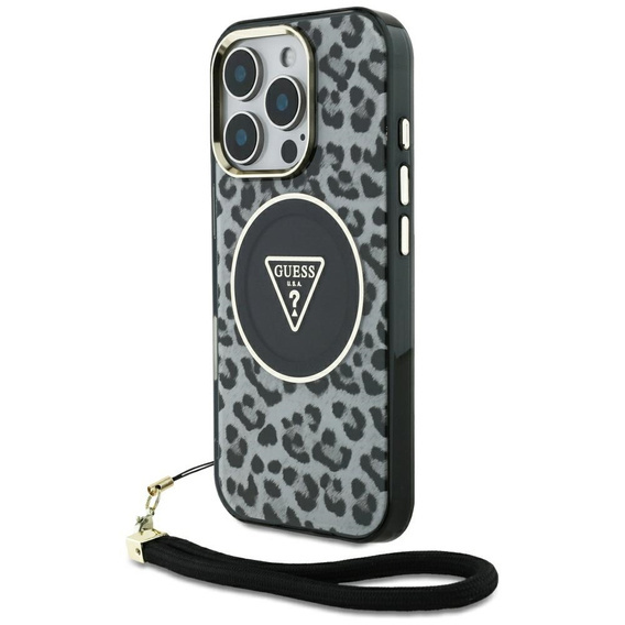 Original Case IPHONE 16 PRO MAX Guess HC IML Leopard Triangle Cord Strap black