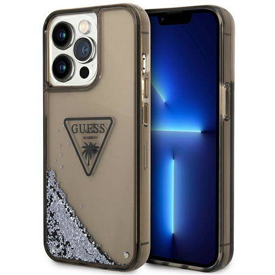 Original Case IPHONE 14 PRO MAX Guess Hardcase Liquid Glitter Palm Collection transparent black