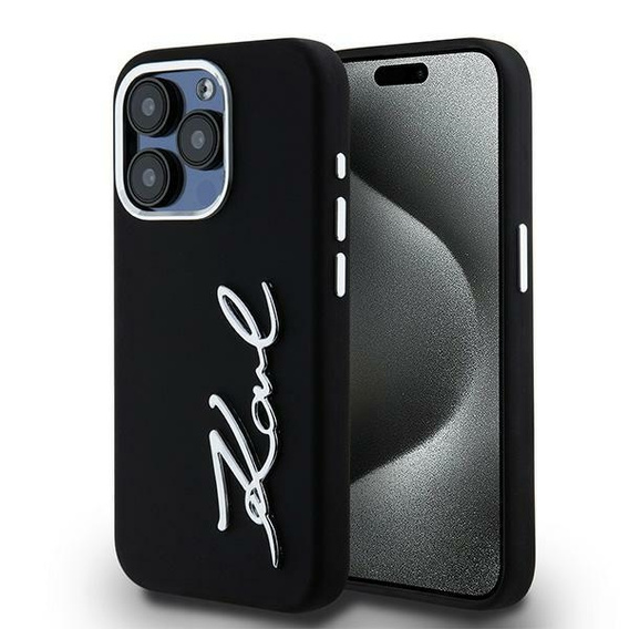 Oryginalne Etui IPHONE 15 PRO MAX Karl Lagerfeld Silicone Metal Script Logo czarne