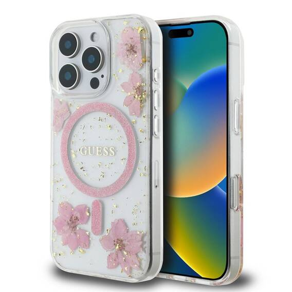 Oryginalne Etui IPHONE 16 PRO Guess Hardcase Resin Flower Glitter MagSafe (GUHMP16LRBFGFGMP) różowe