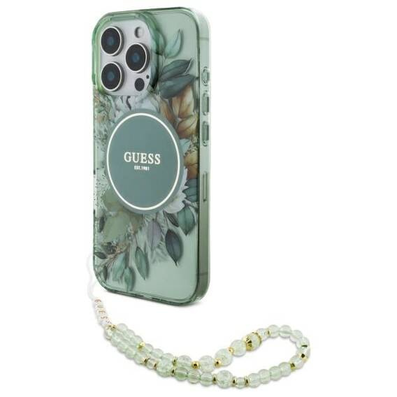 Original Case IPHONE 16 PRO Guess Hardcase IML Flowers With Pearl Strap MagSafe (GUHMP16LHFWBRCESN) green