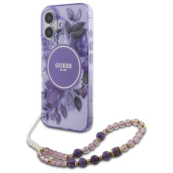 Oryginalne Etui IPHONE 16 PLUS Guess Hardcase IML Flowers With Pearl Strap MagSafe (GUHMP16MHFWBRCESU) fioletowe