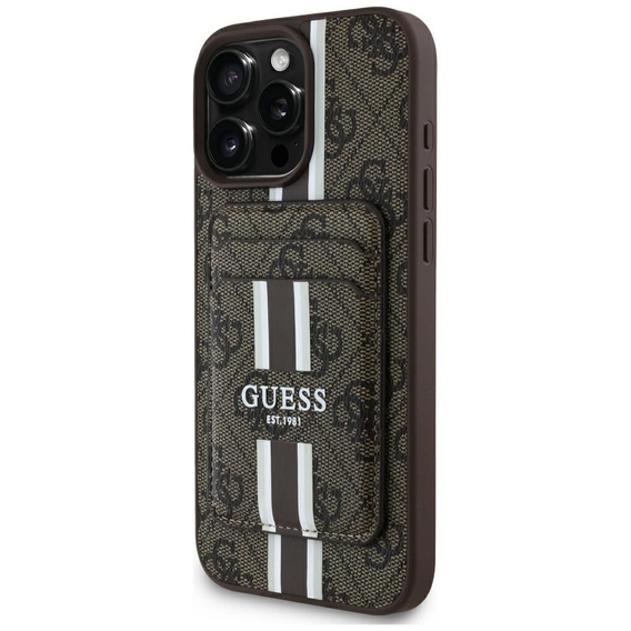 Oryginalne Etui IPHONE 16 PRO MAX Guess 4G Stripes z Portfelem Magsafe brązowe