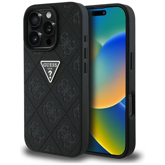 Case IPHONE 16 PRO Guess Hot Stamp 4G Pattern Triangle Metal Logo black