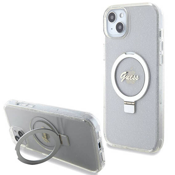 Original Case APPLE IPHONE 15 PLUS Guess Hardcase Ring Stand Script Glitter MagSafe (GUHMP15MHRSGSD) transparent