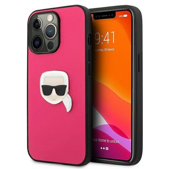 Original Case IPHONE 13 PRO Karl Lagerfeld Hardcase Leather Ikonik Karl`s Head Metal (KLHCP13LPKMP) pink