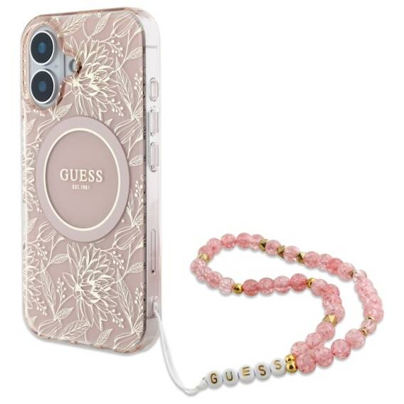 Oryginalne Etui IPHONE 16 Guess Hardcase IML Flowers Allover Electro With Pearl Strap MagSafe (GUHMP16SHCPOFPP) różowe