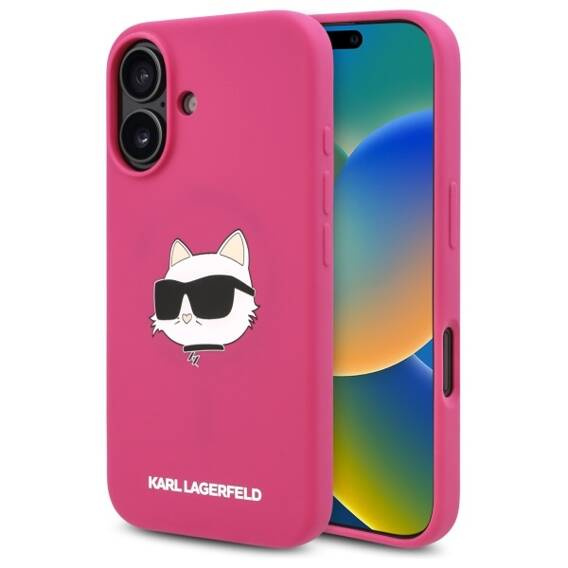 Original Case IPHONE 16 Karl Lagerfeld Hardcase Silicone Choupette Head Print MagSafe (KLHMP16SSCHPPLF) fuchsia