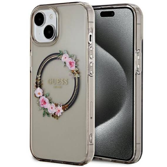 Original Case IPHONE 13 / 14 / 15 Guess Hardcase IML Flowers Wreatch MagSafe (GUHMP15SHFWFCK) black