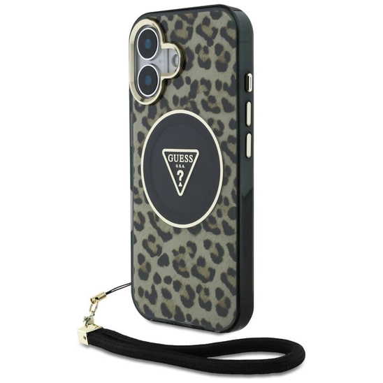 Oryginalne Etui IPHONE 16 Guess HC IML Leopard Triangle Cord Strap brązowe