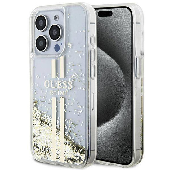 Original Case APPLE IPHONE 15 PRO MAX Guess Hardcase Liquid Glitter Gold Stripes (GUHCP15XLFCSEGT) transparent