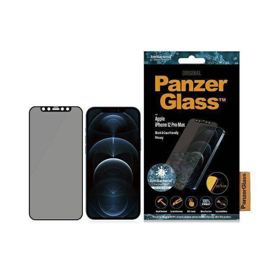 Szkło Hartowane 5D IPHONE 12 PRO MAX PanzerGlass E2E Super+ Case Friendly AntiBacterial Microfracture Privacy czarne