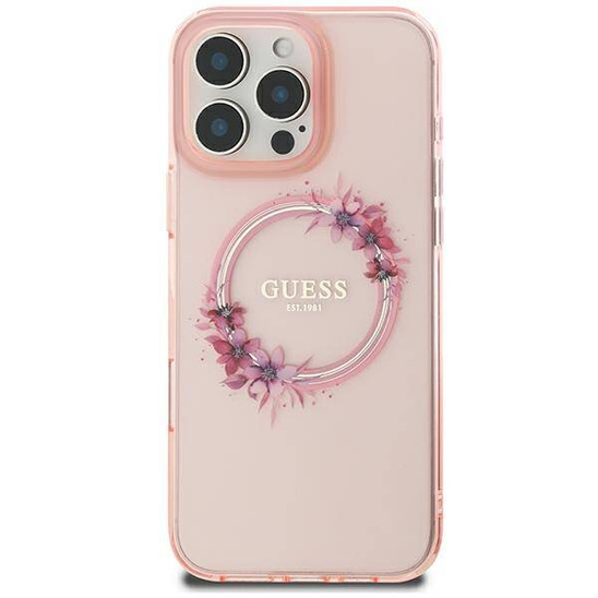 Original Case IPHONE 16 Guess Hardcase IML Flowers Wreath MagSafe (GUHMP16SHFWFCP) pink