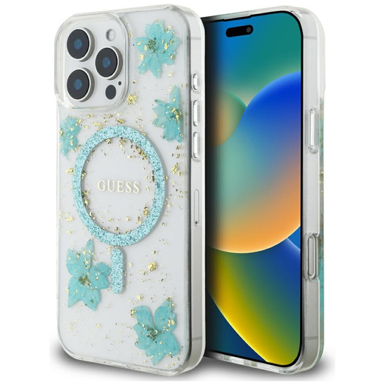 Original Case IPHONE 16 PRO MAX Guess Hardcase Resin Flowers Glitter MagSafe turquoise