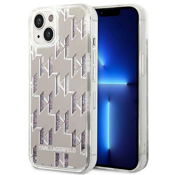 Original Case IPHONE 14 Karl Lagerfeld Hardcase Liquid Glitter Monogram silver