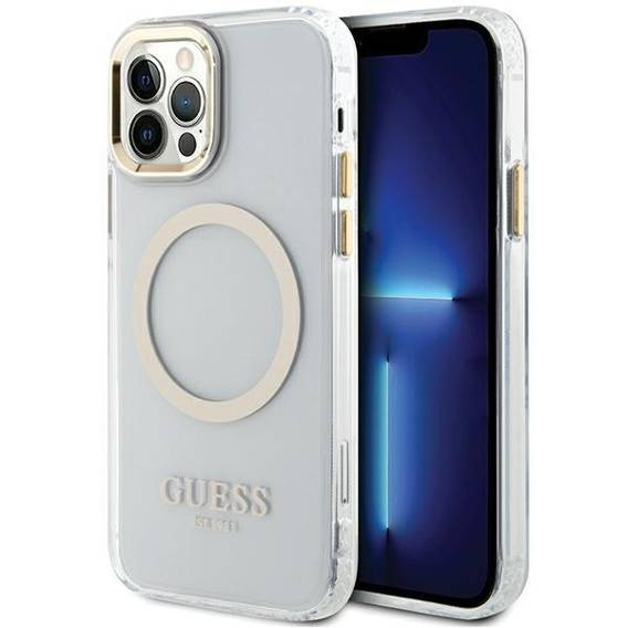 Original Case IPHONE 12 / 12 PRO Guess Hard Case Metal Outline Magsafe (GUHMP12MHTRMD) gold