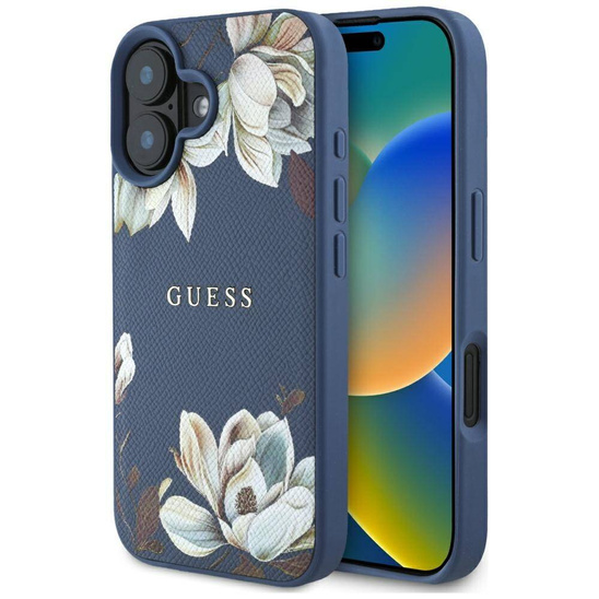 Etui IPHONE 16 Guess Grained Printed Flower Pattern MagSafe niebieskie