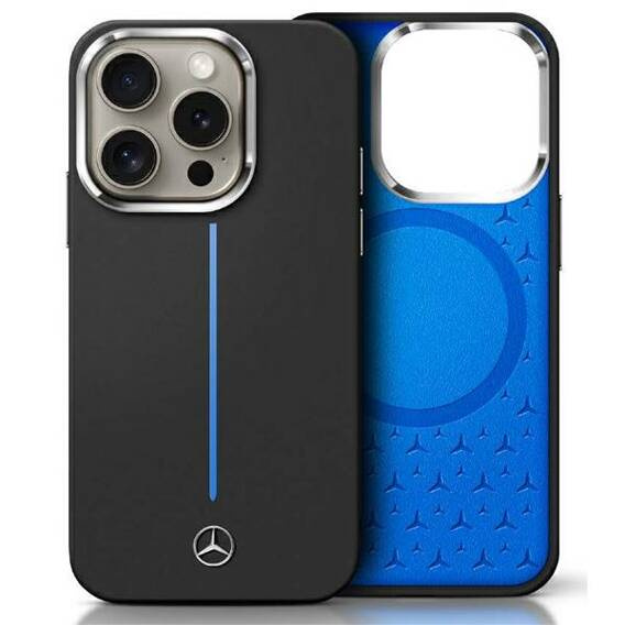 Oryginalne Etui IPHONE 16 Mercedes Hardcase Silicone Blue Stripe MagSafe (MEHMP16S23SUMBK) czarne