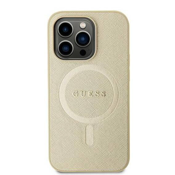 Oryginalne Etui APPLE IPHONE 15 Guess Hardcase Saffiano MagSafe (GUHMP15SPSAHMCB) złote