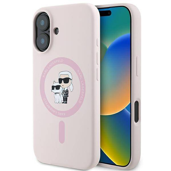 Original Case IPHONE 16 PLUS Karl Lagerfeld Hardcase Silicone Karl&Choupette Ring MagSafe pink